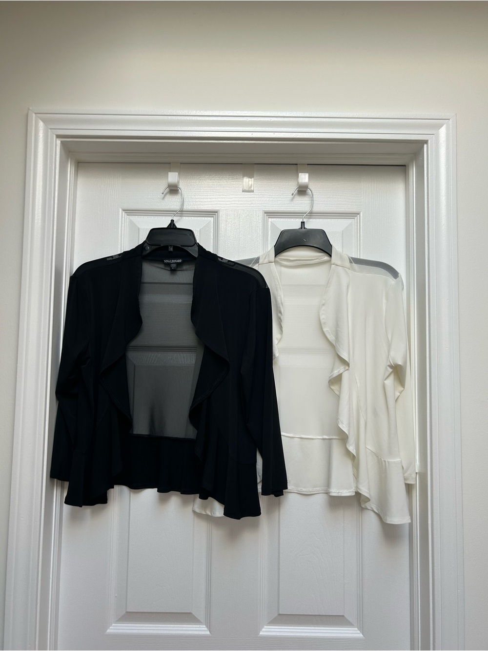 Nina Leonard Black and Ivory Ruffle Open-Front Shrug Set